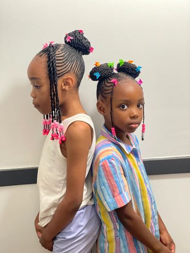 3 braided ponytails into 1 bun and two braided ponytails into two buns