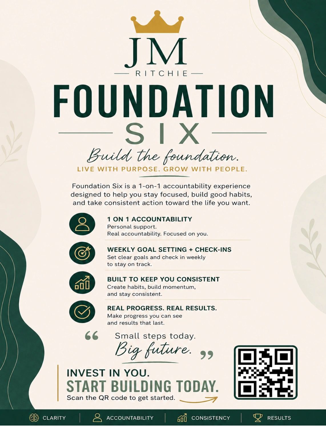 Flyer for JM Ritchie's Foundation Six accountability and habit-building program.