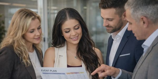 A group of professionals reviewing an event plan together in an office setting.