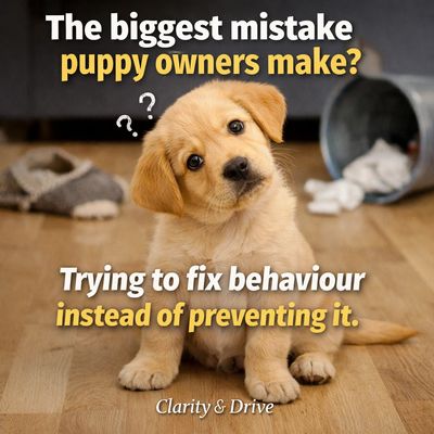 Puppy sitting next to a mess on the floor, showing common puppy toilet training mistakes and the imp