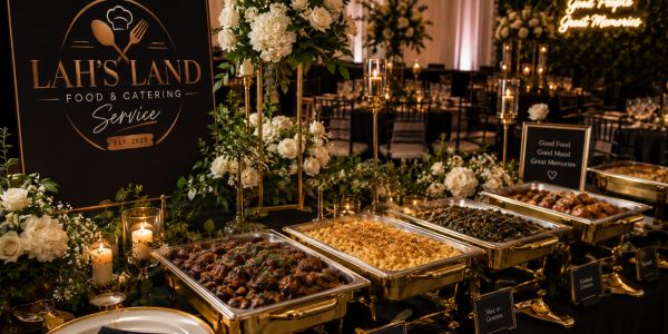 Elegant buffet setup with floral decor and catering signs.