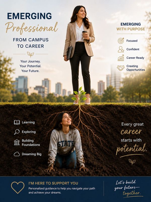 Visual metaphor of growth from campus life to career success, showing a woman emerging confidently above ground.