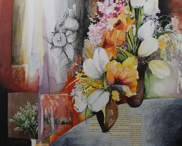 Orange Flowers, Brianna Deveraux-Allen mixed media on clay board