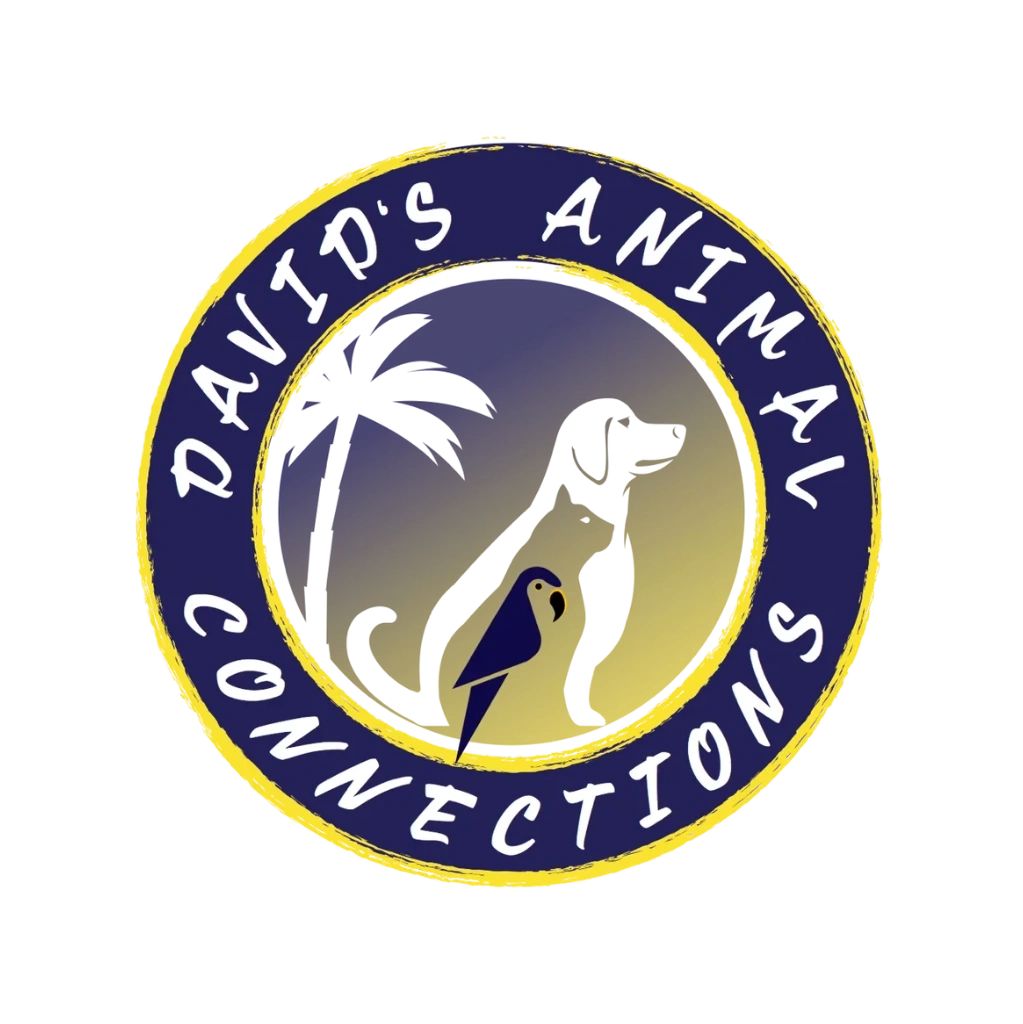 Logo of David's Animal Connections featuring a dog, bird, and palm tree.