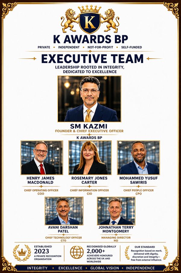 K Awards BP executive management team poster featuring international leadership and global recogniti