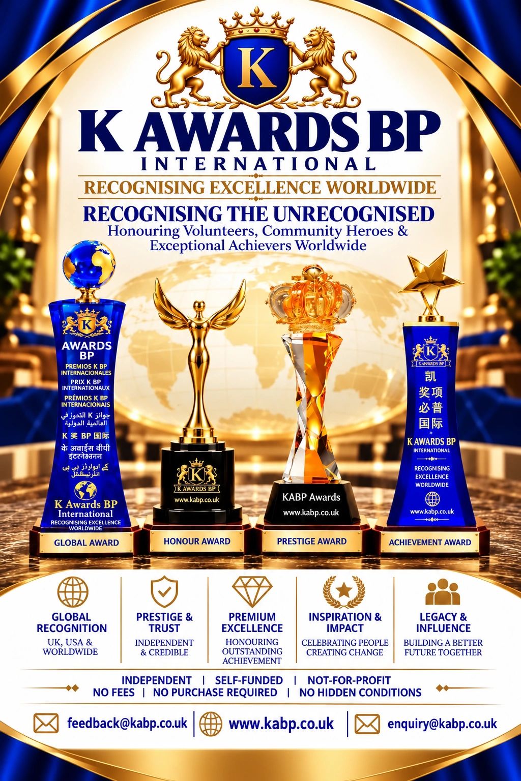 Luxury K Awards BP International Business Awards poster featuring premium trophy collection,