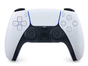 White and black gaming controller with buttons.