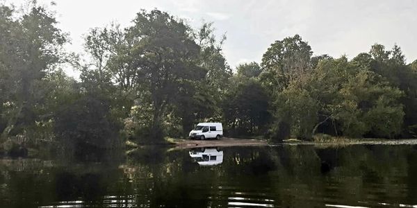 Lake and trees landscape, van camping