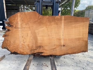 Large wooden slab being lifted by a forklift outdoors.