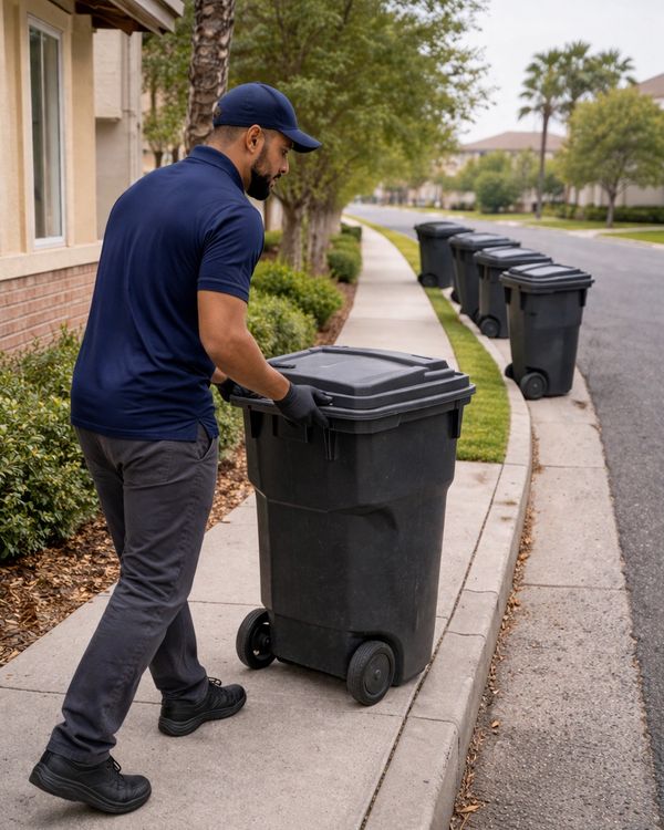 Man in uniform pushing a black trash bin on a suburban sidewalk.