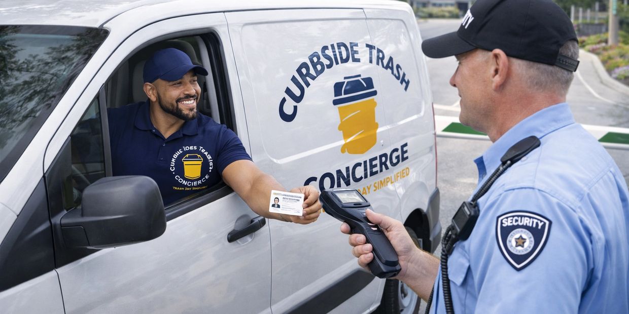 Security guard checks ID of a delivery driver from Curbside Trash Concierge.