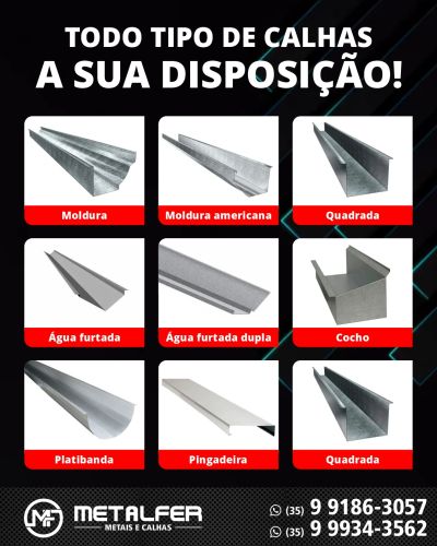 Various types of metal gutters offered by Metalfer with contact numbers.