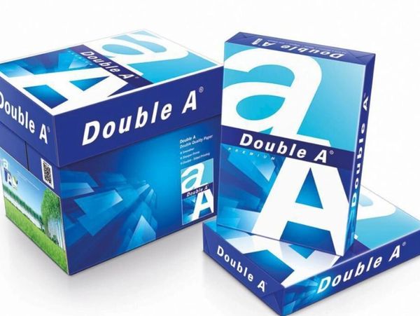 Boxes of Double A brand paper with blue packaging.
