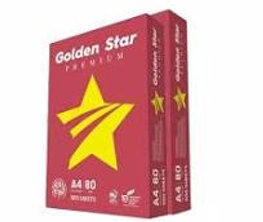 Two packs of Golden Star Premium A4 paper with red packaging and yellow star logo.