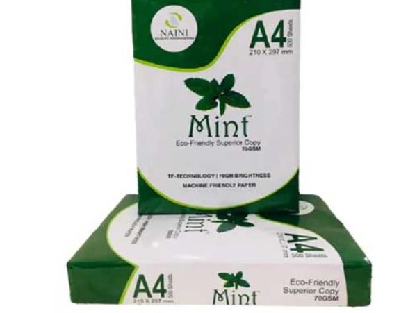 Stack of Mint brand A4 eco-friendly copy paper packs.