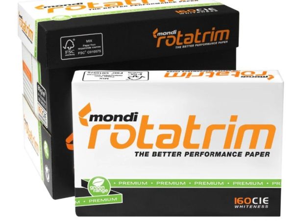 Mondi Rotatrim premium performance paper packs in black and white packaging.