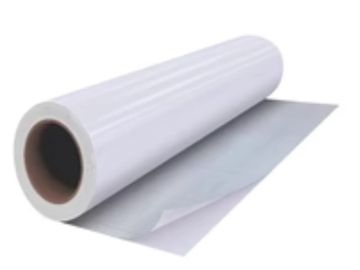 A roll of white plastic or vinyl sheet material.