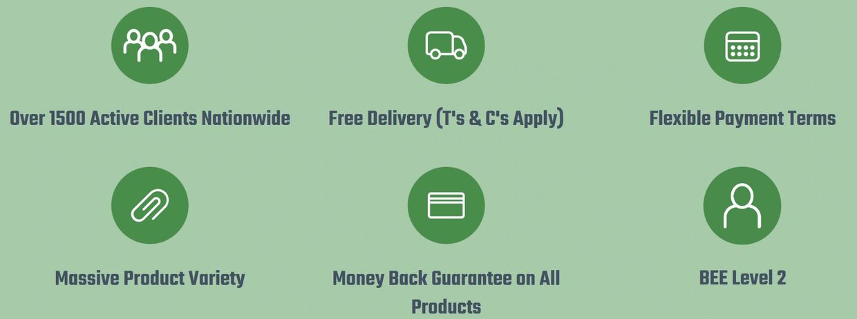 Key service highlights including free delivery, flexible payments, and over 1500 clients nationwide.