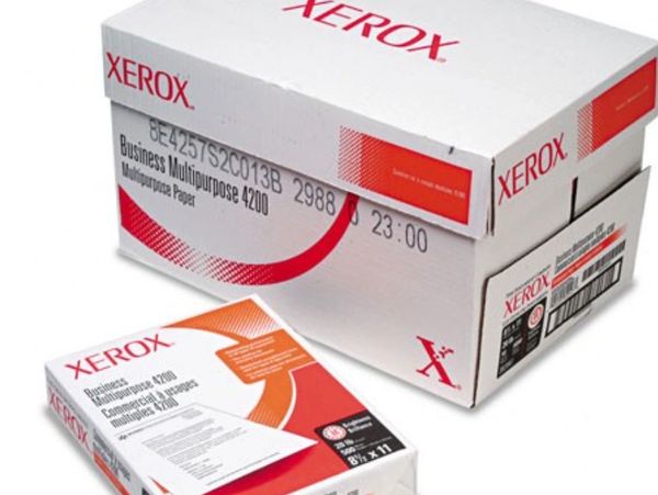 Box and ream of Xerox Business Multipurpose 4200 paper in white and red packaging.