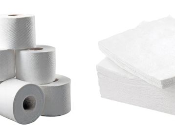 Stack of toilet paper rolls and a pile of white napkins.