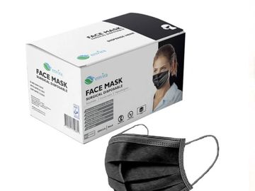 Black disposable surgical face mask with packaging box.
