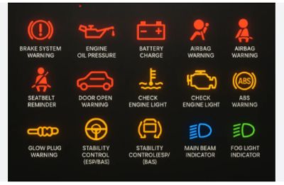Car dashboard warning symbols displayed in red, yellow, and green colors.