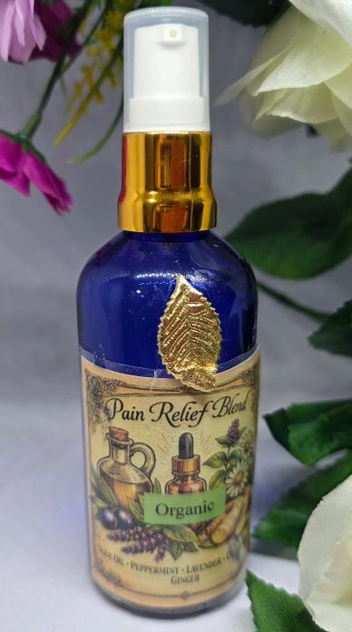 Bottle of organic pain relief blend with gold pump.