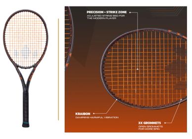Tennis racket with highlighted precision strike zone and grommet features.