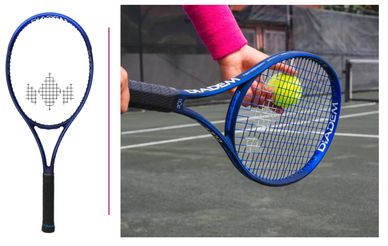A blue Diadem tennis racket and a person holding a ball ready to serve on a tennis court.