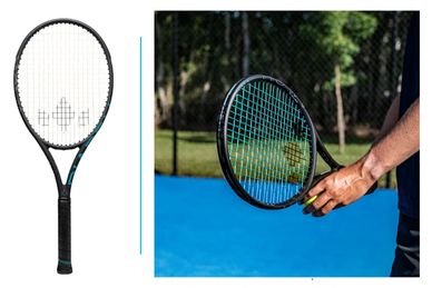 A tennis racket shown alone and held by a player on a blue court.