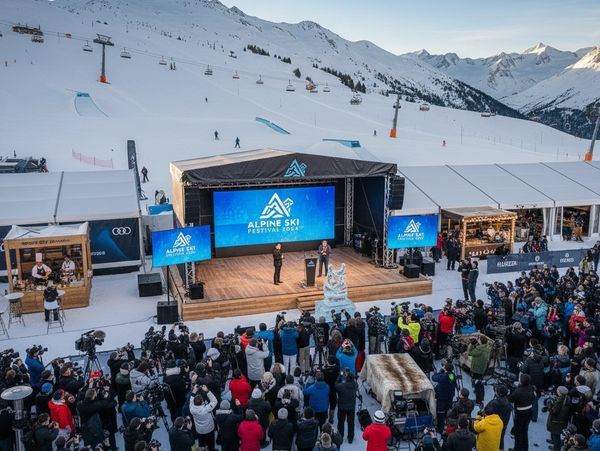 A media event at the base of a ski resort