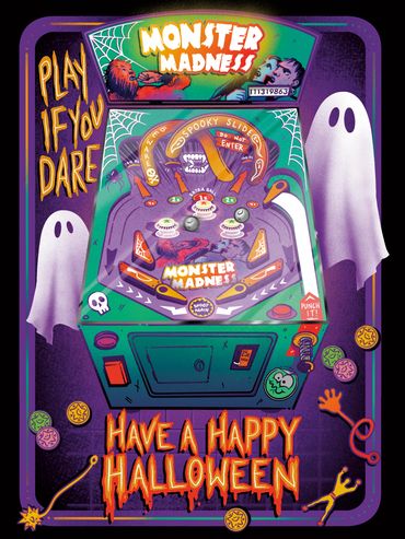 Halloween-themed pinball machine with ghosts and spooky decorations.