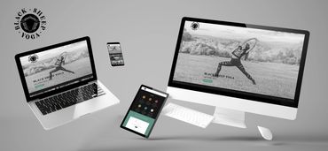 Black Sheep Yoga website displayed on various devices with a yoga pose background.