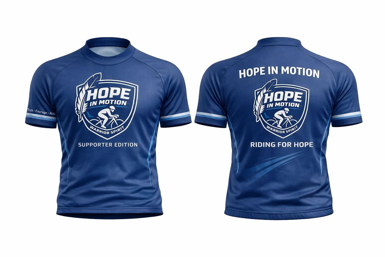 Blue 'Hope in Motion' sports shirts with inspirational logos and text.
