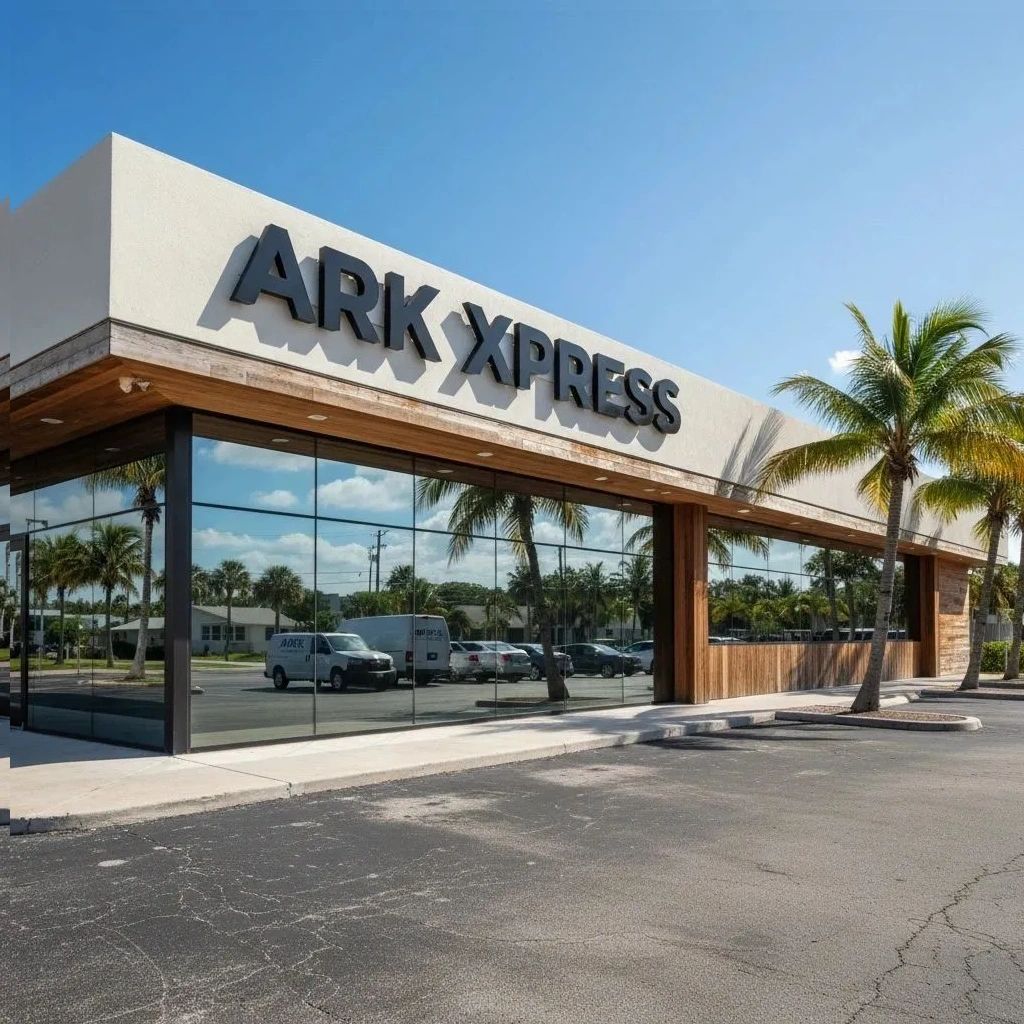 Modern ARK XPRESS building with reflective glass windows and palm trees.