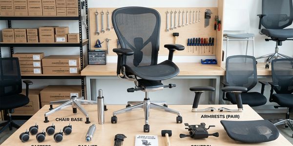 Disassembled ergonomic office chair with labeled parts.