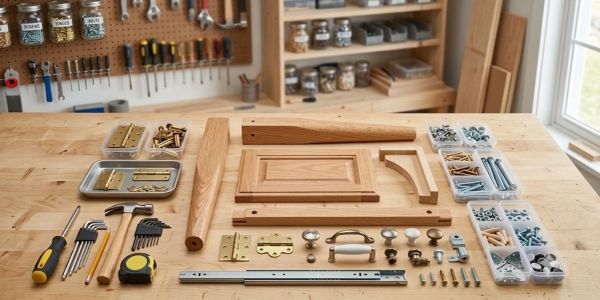 Woodworking materials and tools neatly arranged on a table.