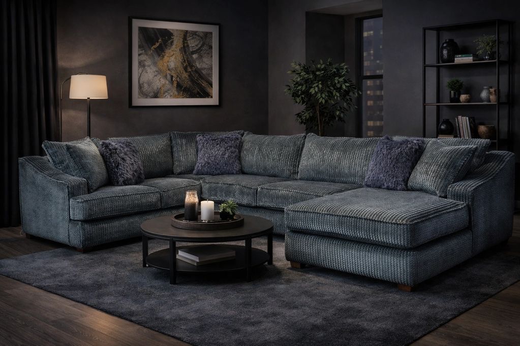 Cozy dark gray sectional sofa with plush pillows in a modern living room.