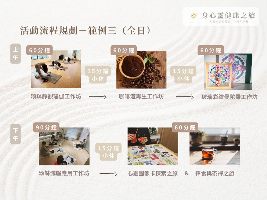 全日工作坊流程 Retreat Day:
(內容及時間可按機構要求調整)