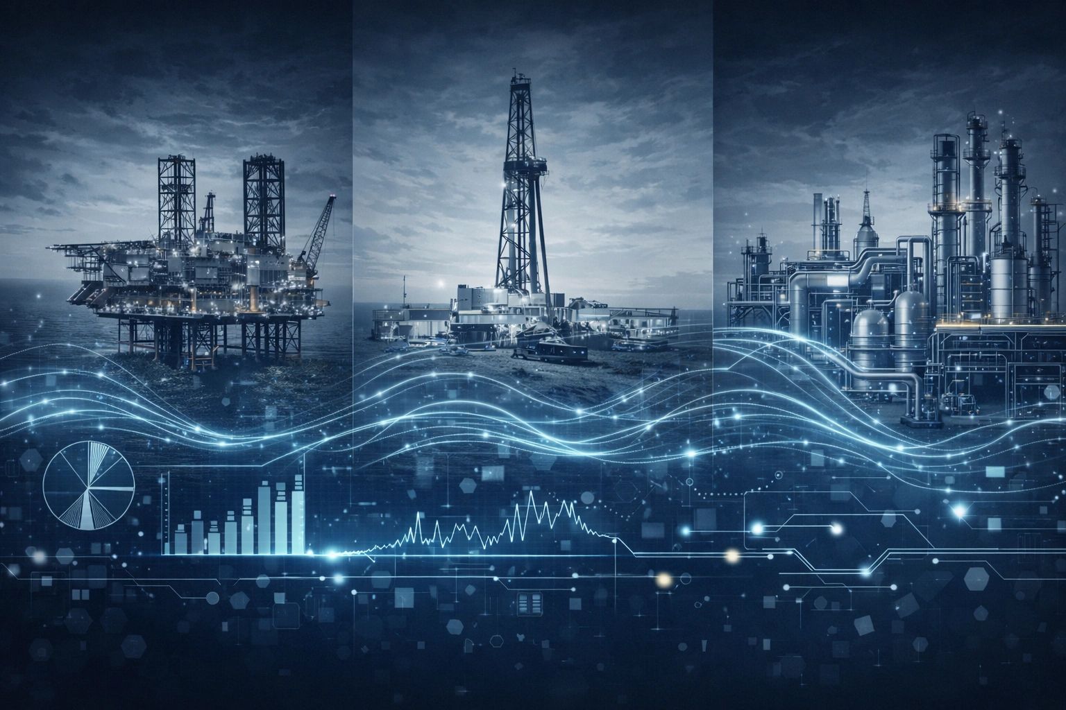 Digital visualization of offshore oil platforms and refinery with data analytics.