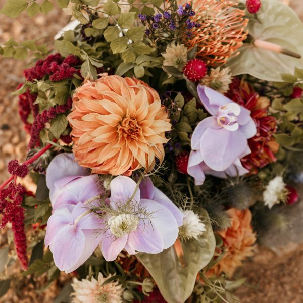 A vibrant bouquet with peach and purple flowers.