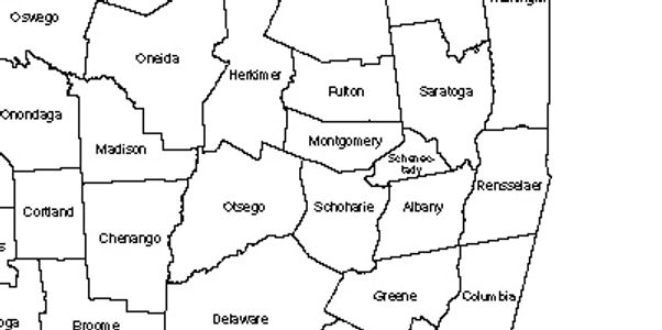 Map of Albany, Schenectady, Saratoga, Rensselaer, Columbia, Washington, Schoharie, Montgomery