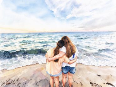 Two friends embracing by the ocean at sunset.