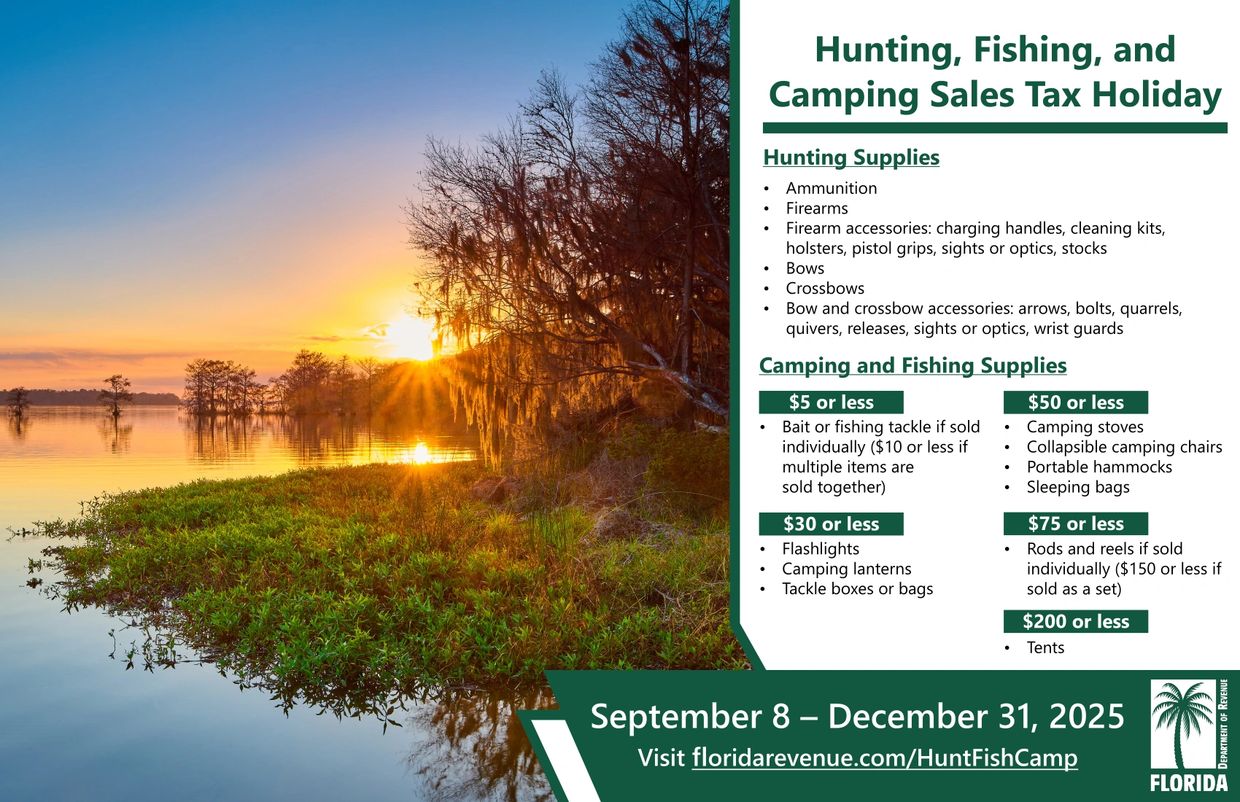 Sunset over a lake with tax holiday info for hunting, fishing, and camping supplies in Florida.