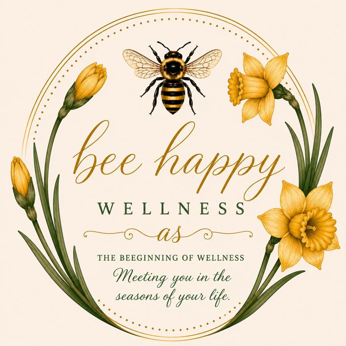Illustration with a bee, yellow flowers, and a wellness message.