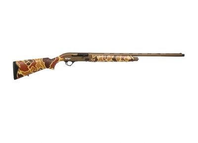 Camouflage-patterned shotgun with a brown and beige design.