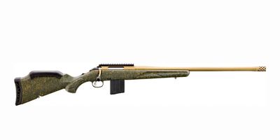 Bolt-action rifle with camouflage stock and tan barrel.