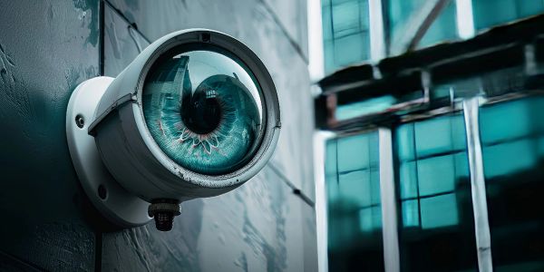 Security camera with an eye design on the lens.