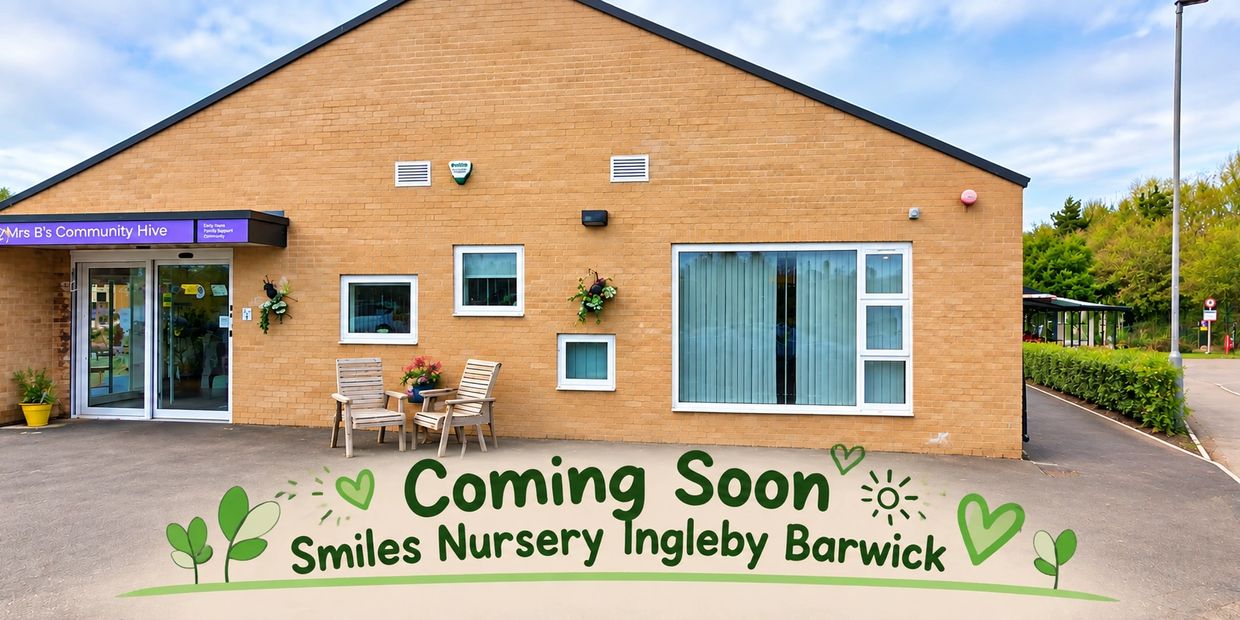 A building with a sign announcing "Coming Soon Smiles Nursery Ingleby Barwick."