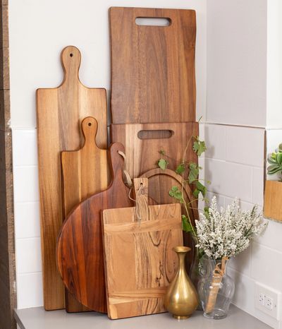Variety of sizes of serving boards for charcuterie or appetizers.
